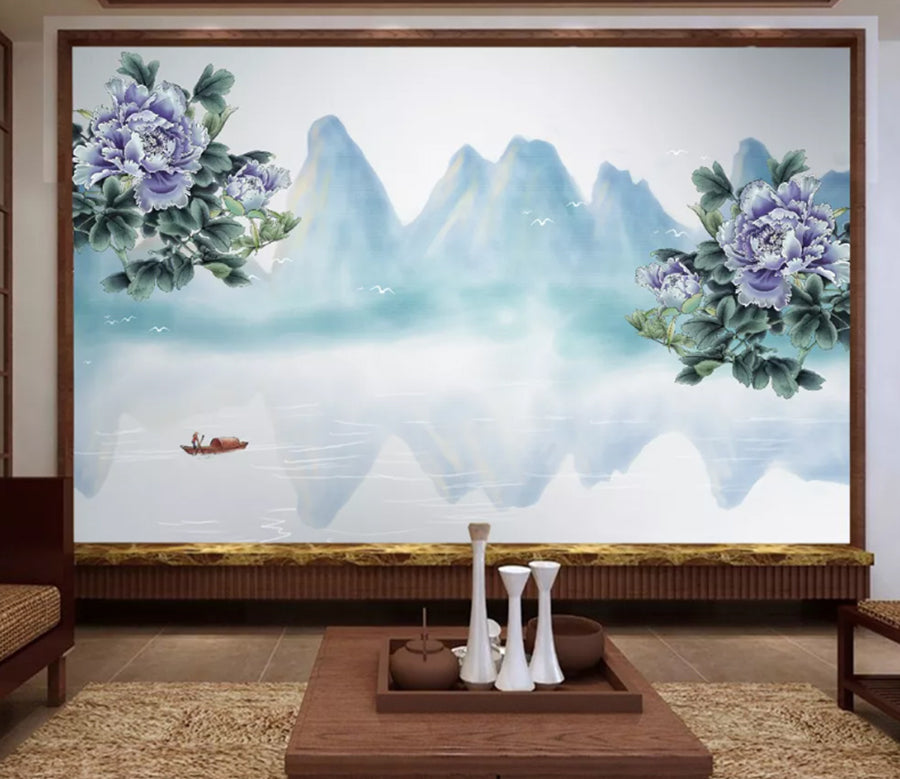 3D Blue Peony WC1528 Wall Murals