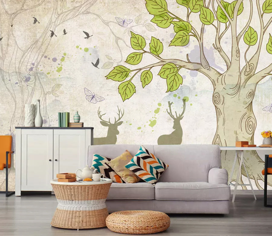 3D Big Tree Deer WG1207 Wall Murals