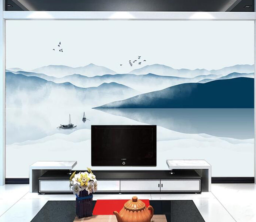 3D Mountain Boat WC1562 Wall Murals