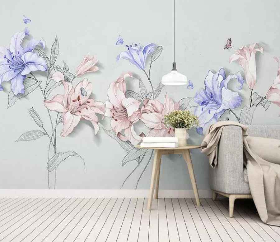 3D Blue Pink Lily WG819 Wall Murals