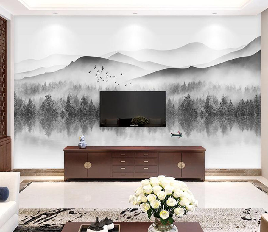 3D Lake Tree Boat WC1848 Wall Murals