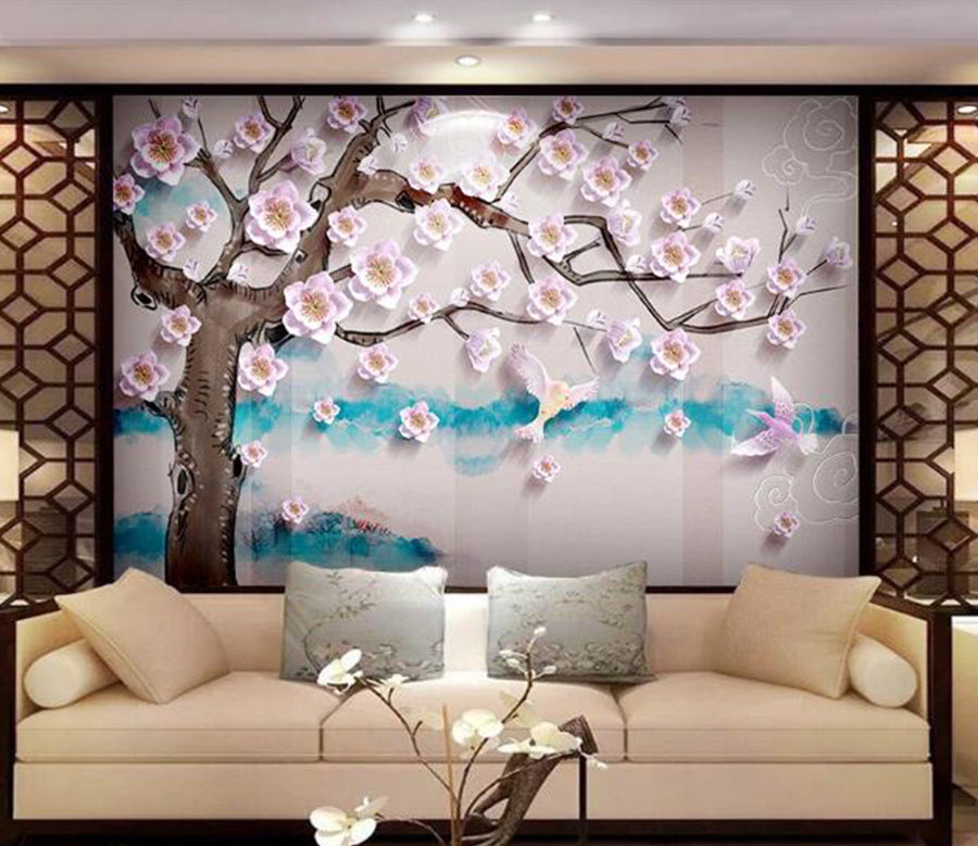 3D Pink Bird Flower WC1452 Wall Murals