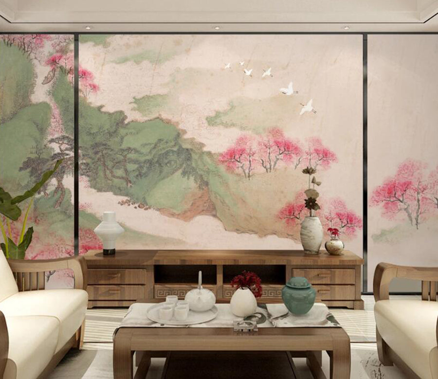 3D Peach Crane WC1887 Wall Murals