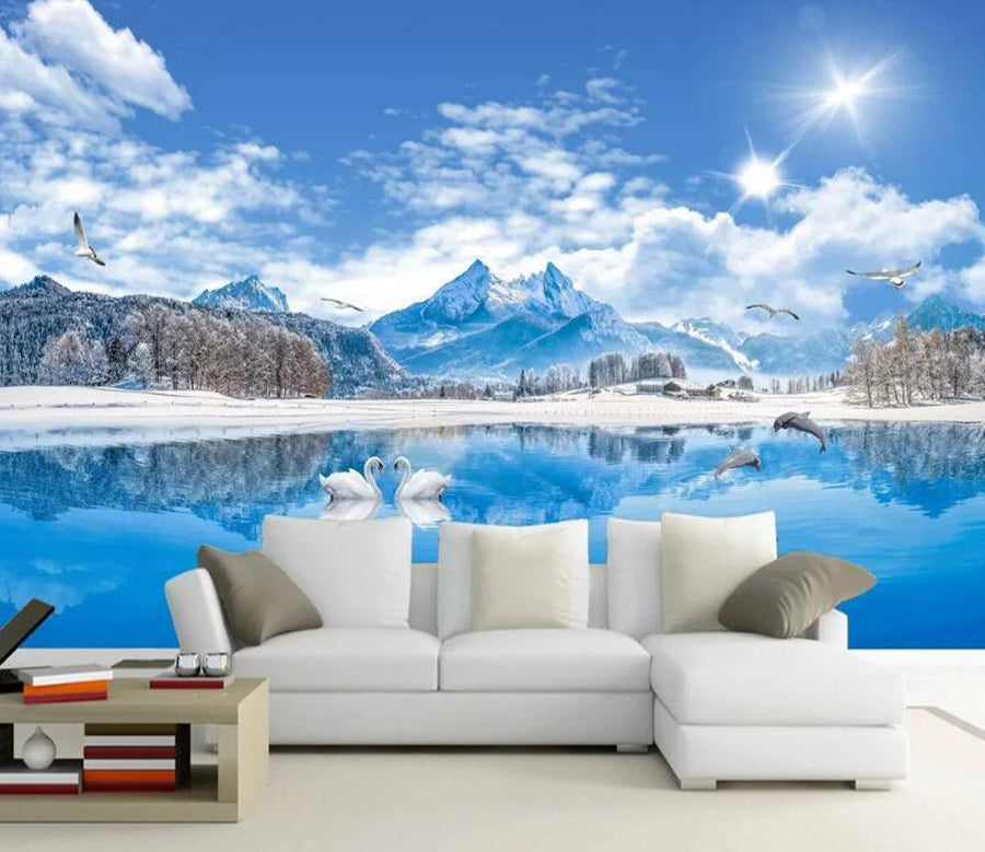 3D Mountain Swan WC1863 Wall Murals