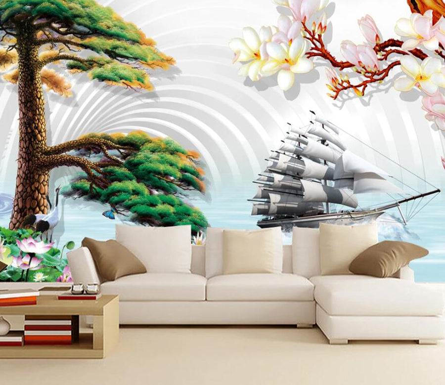 3D Lotus Boat WC2483 Wall Murals