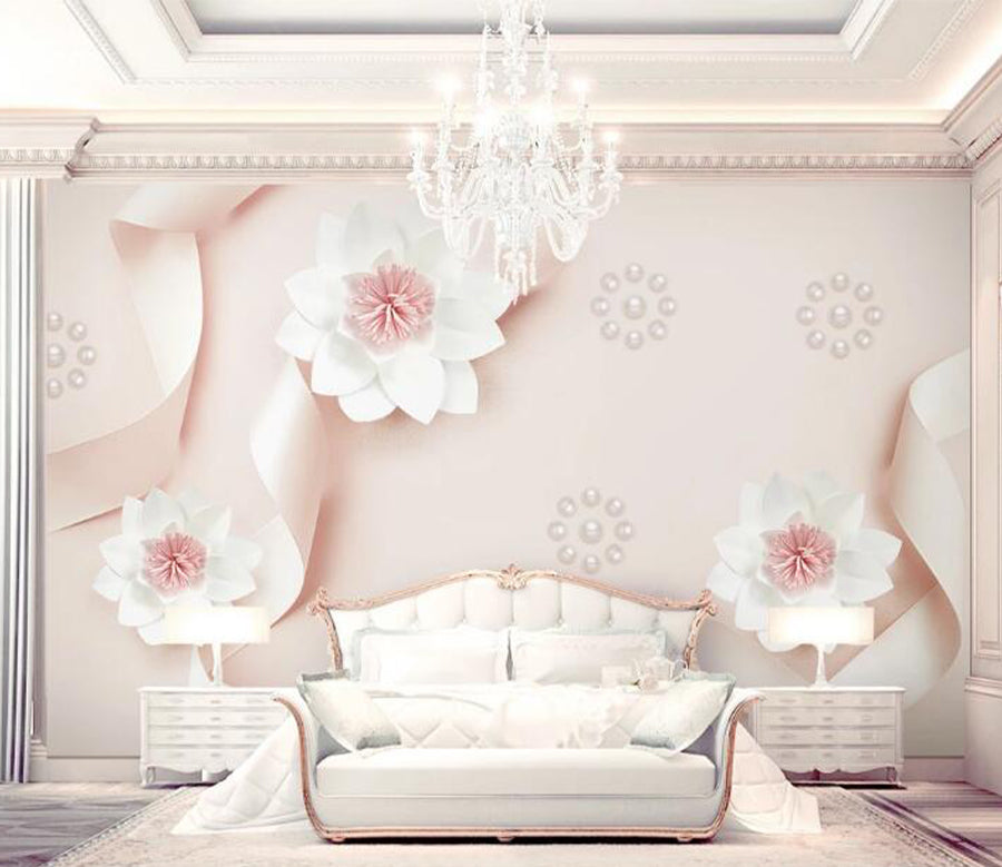 3D Bead White Flower WG619 Wall Murals