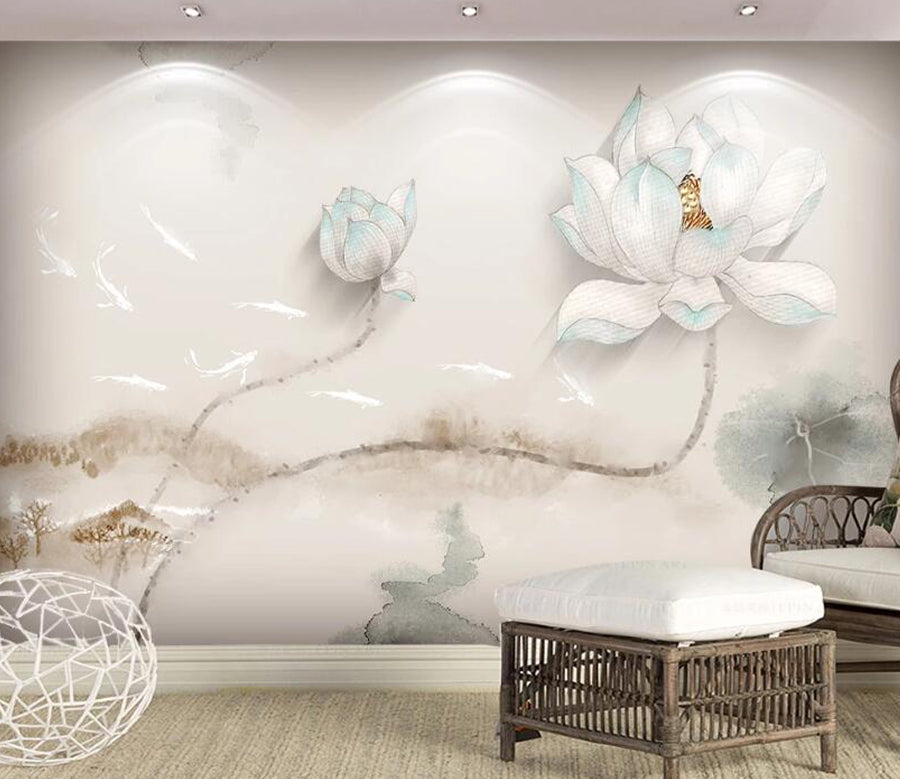 3D Lotus Fish WC1447 Wall Murals