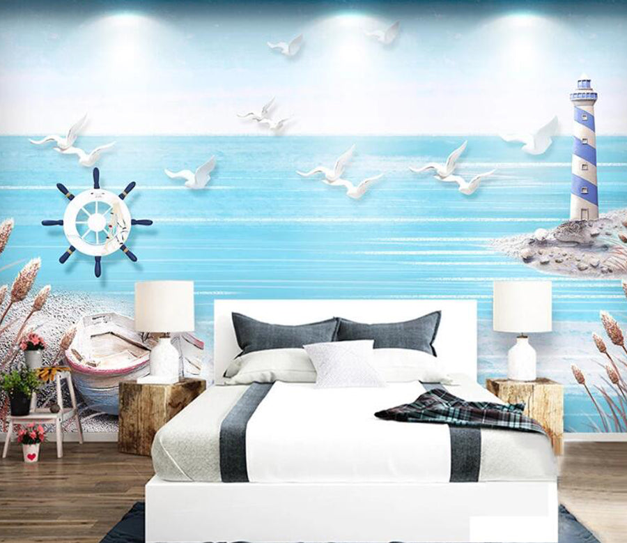 3D Seagull Boat WC1492 Wall Murals