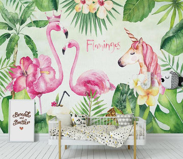 3D Green Leaf Flamingos 1020 Wall Murals