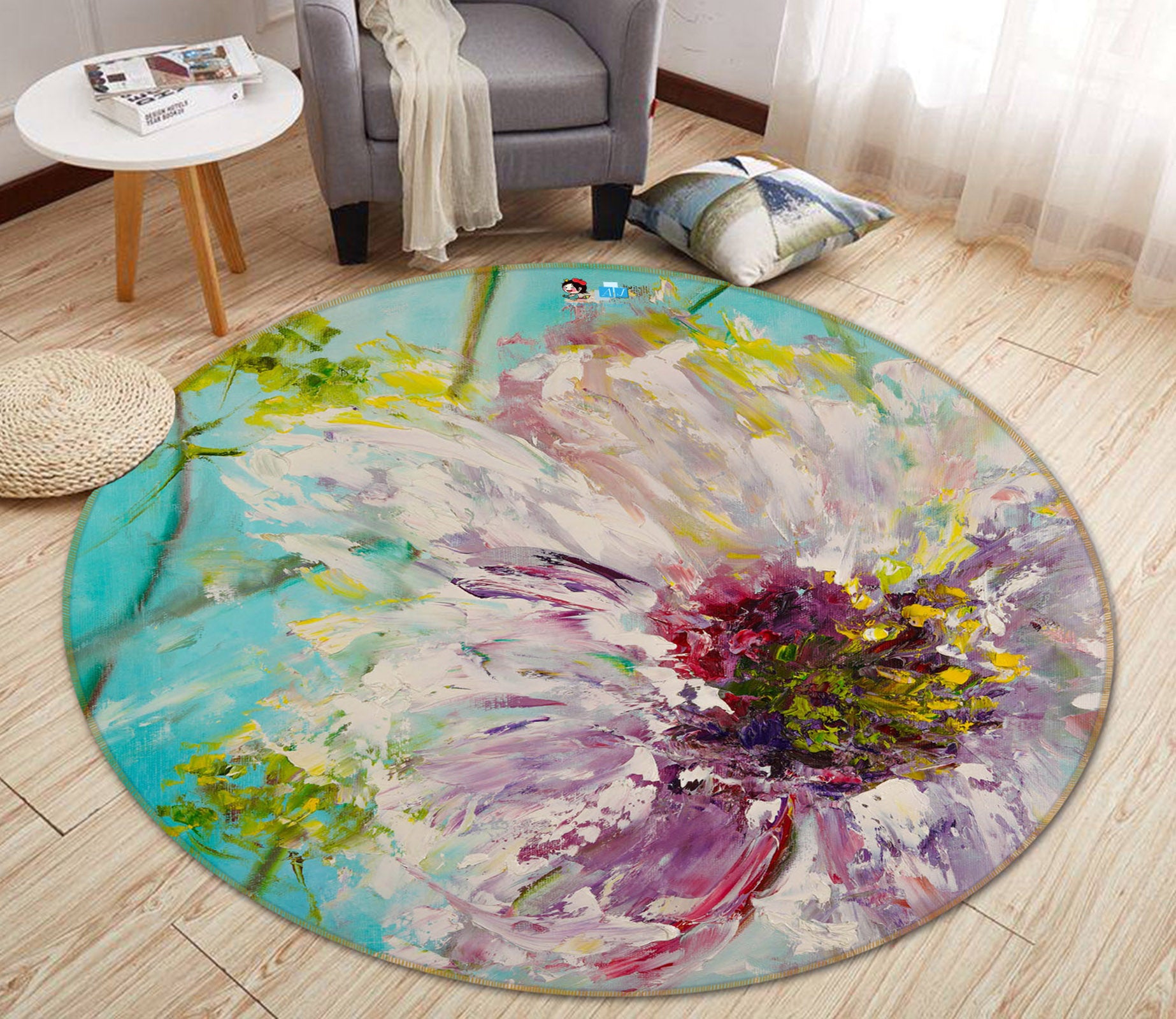 3D Pink Painted Flowers 842 Skromova Marina Rug Round Non Slip Rug Mat