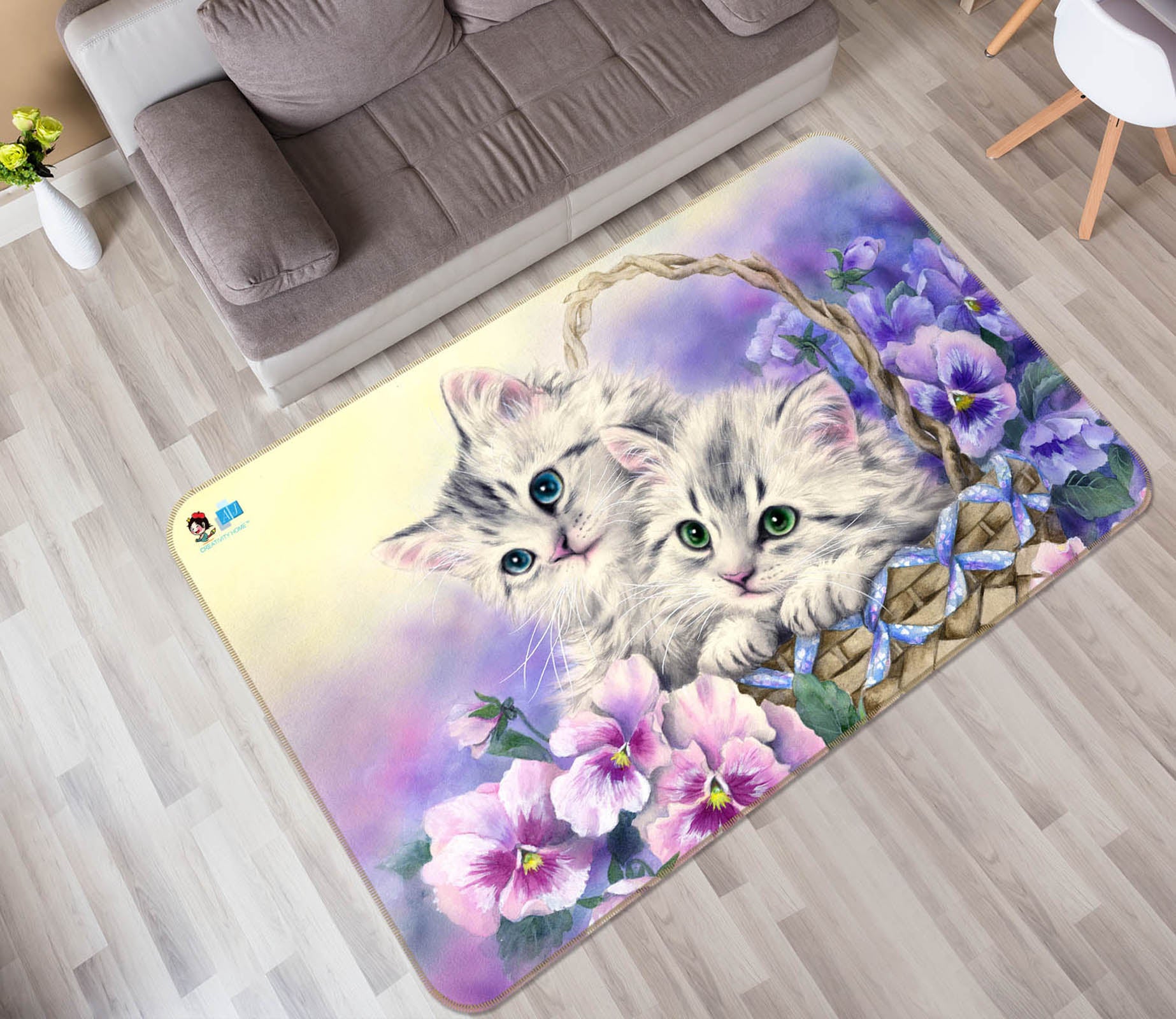 3D Flower Basket Cat 5752 Kayomi Harai Rug Non Slip Rug Mat