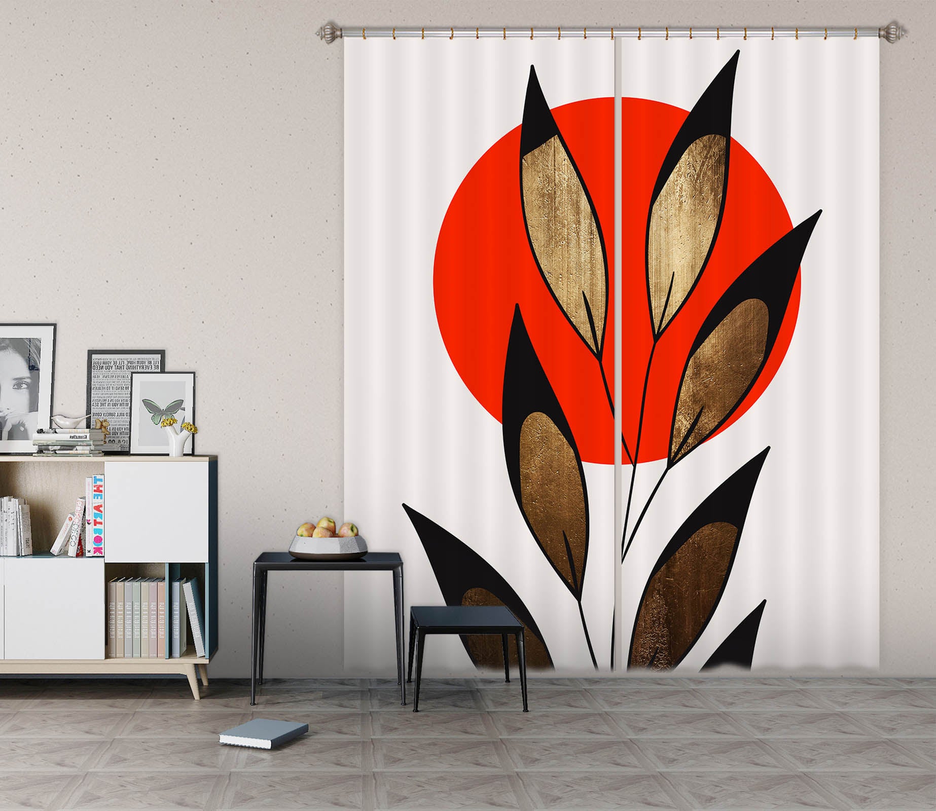 3D Red Sun Leaves 1023 Boris Draschoff Curtain Curtains Drapes