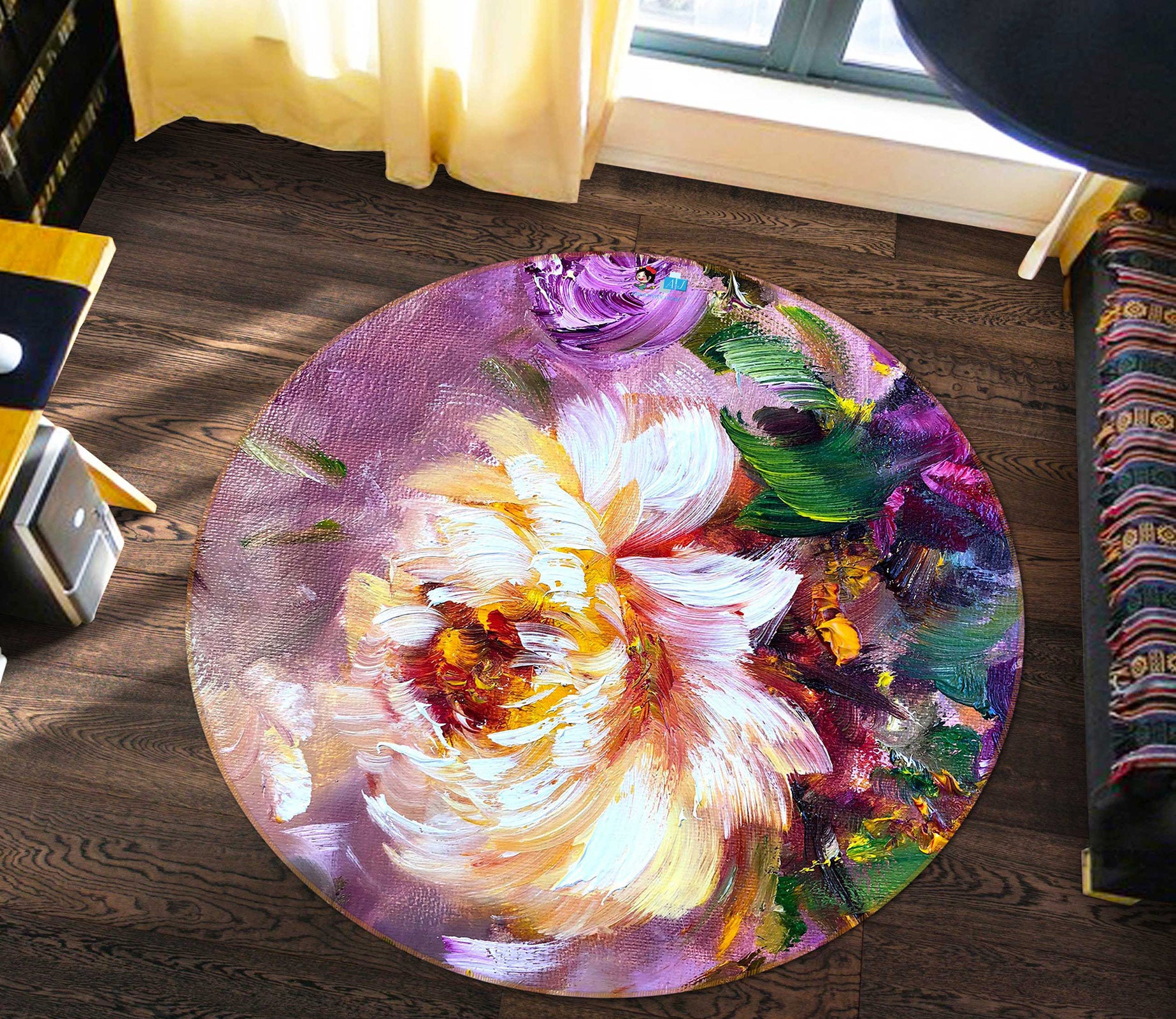 3D Painted Flowers 802 Skromova Marina Rug Round Non Slip Rug Mat