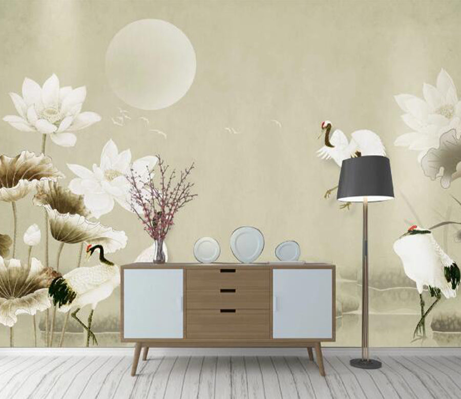 3D White Lotus Crane WC2451 Wall Murals