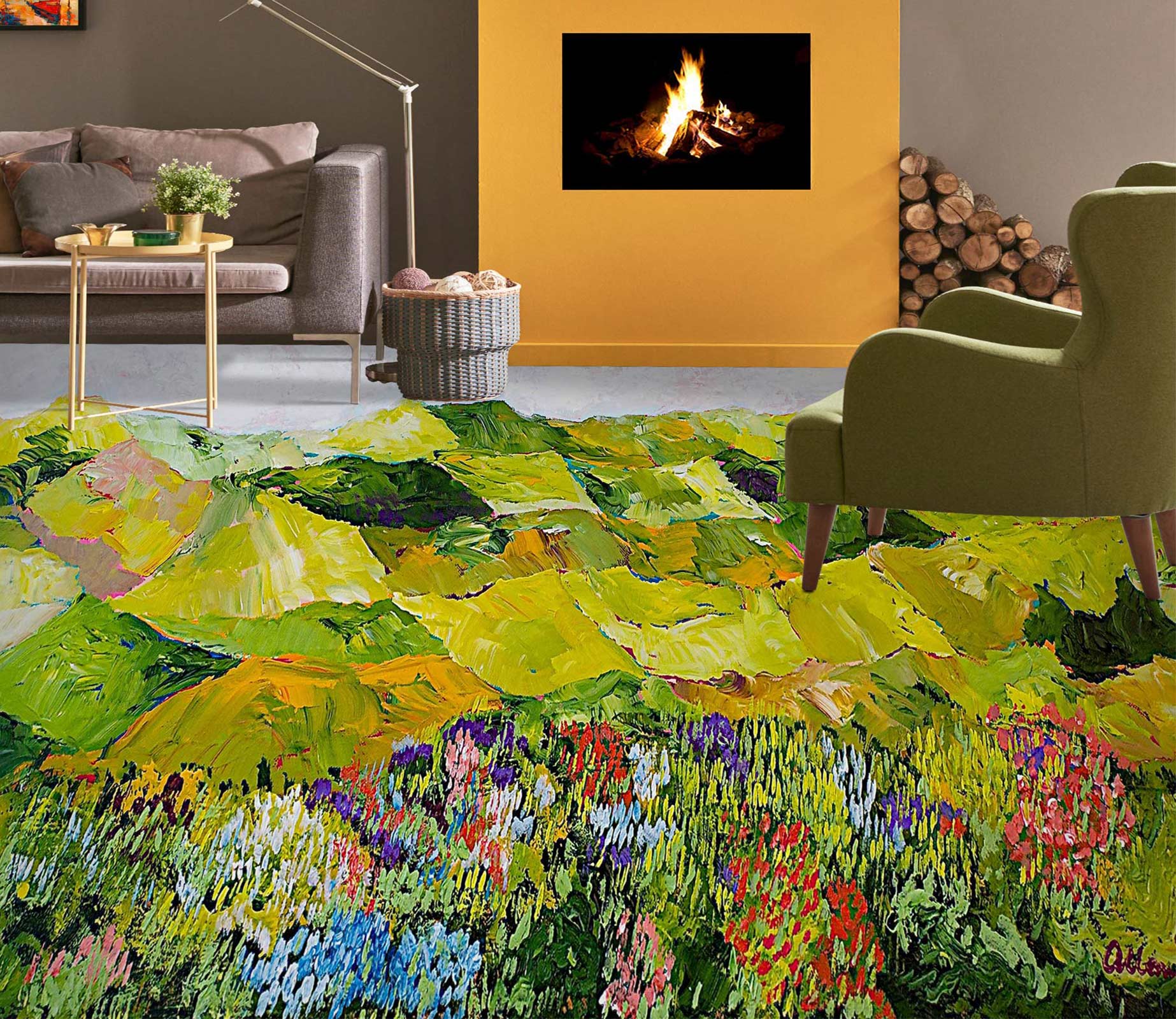 3D Green Hillside Flowers Grass 9606 Allan P. Friedlander Floor Mural  Wallpaper Murals Self-Adhesive Removable Print Epoxy