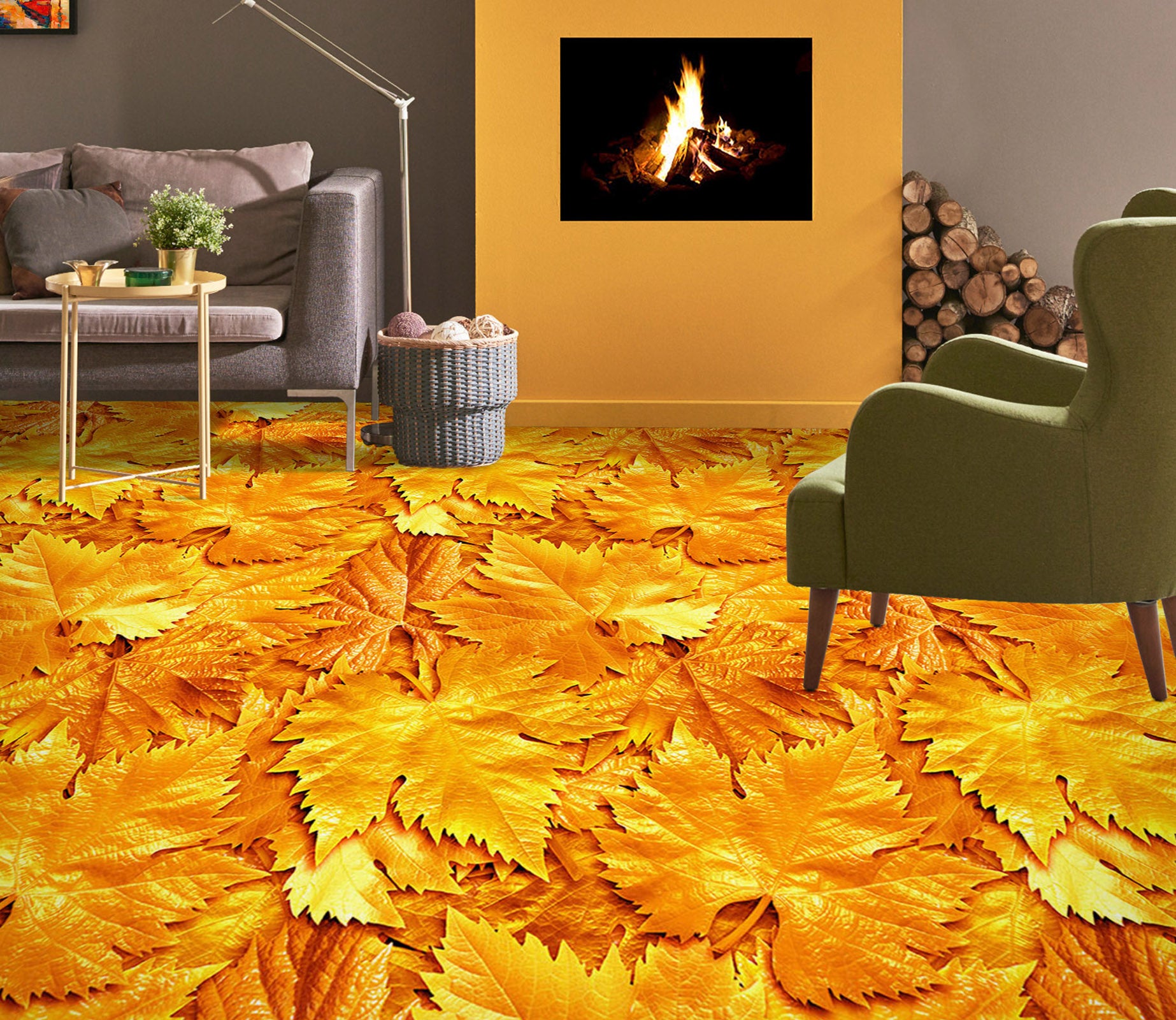 3D Golden Maple Leaves 1419 Floor Mural  Wallpaper Murals Self-Adhesive Removable Print Epoxy