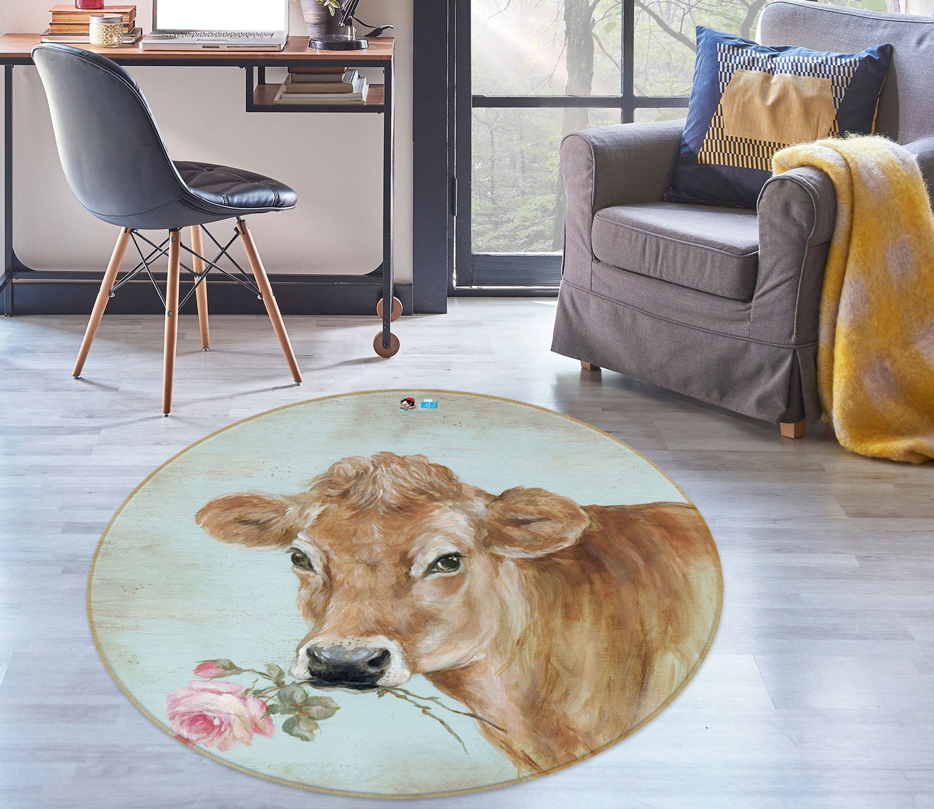 3D Flower Cattle 1181 Debi Coules Rug Round Non Slip Rug Mat