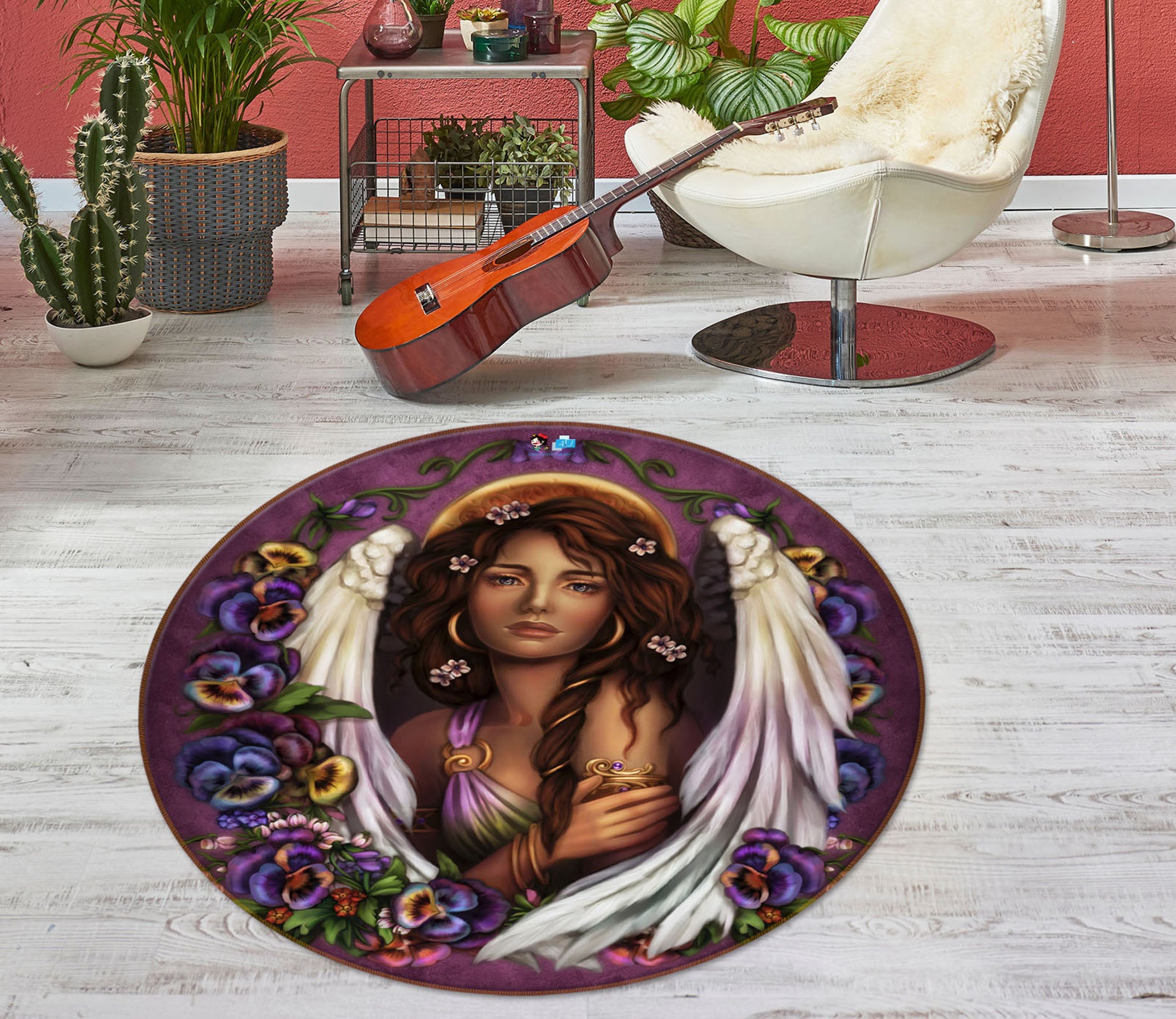 3D Purple Flower Angel 8906 Brigid Ashwood Rug Round Non Slip Rug Mat