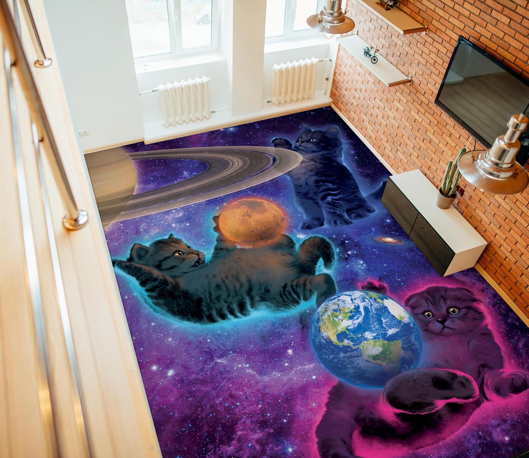 3D Cat Space Planet 98177 Vincent Floor Mural  Wallpaper Murals Self-Adhesive Removable Print Epoxy