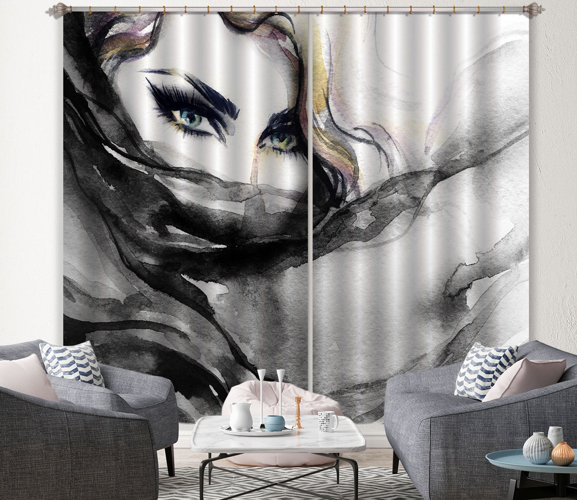 3D Black Yarn Woman 046 Curtains Drapes