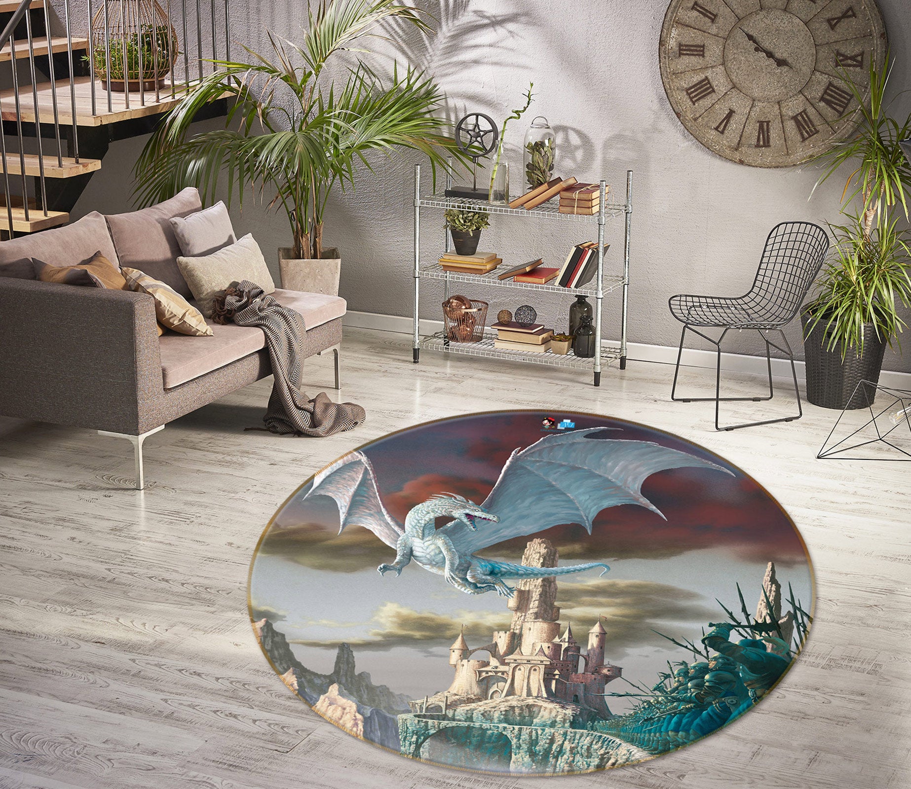 3D Castle White Dragon 6053 Ciruelo Rug Round Non Slip Rug Mat