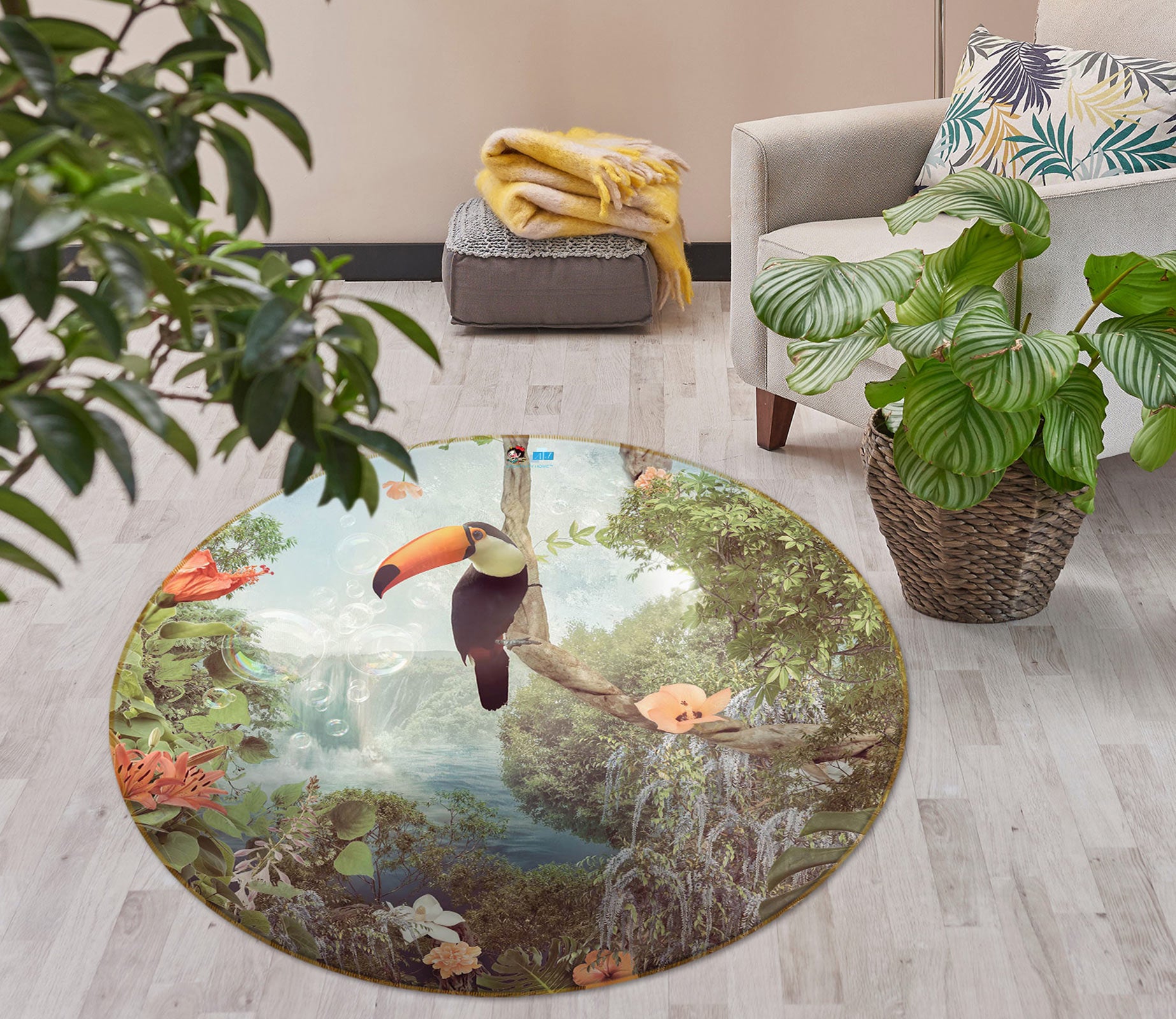 3D Flower Toucan 5043 Beth Sheridan Rug Round Non Slip Rug Mat