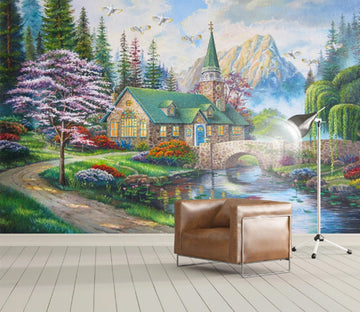 3D House Bridge River WC924 Wall Murals