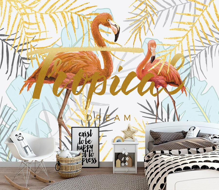 3D Golden Leaf Flamingo WG309 Wall Murals