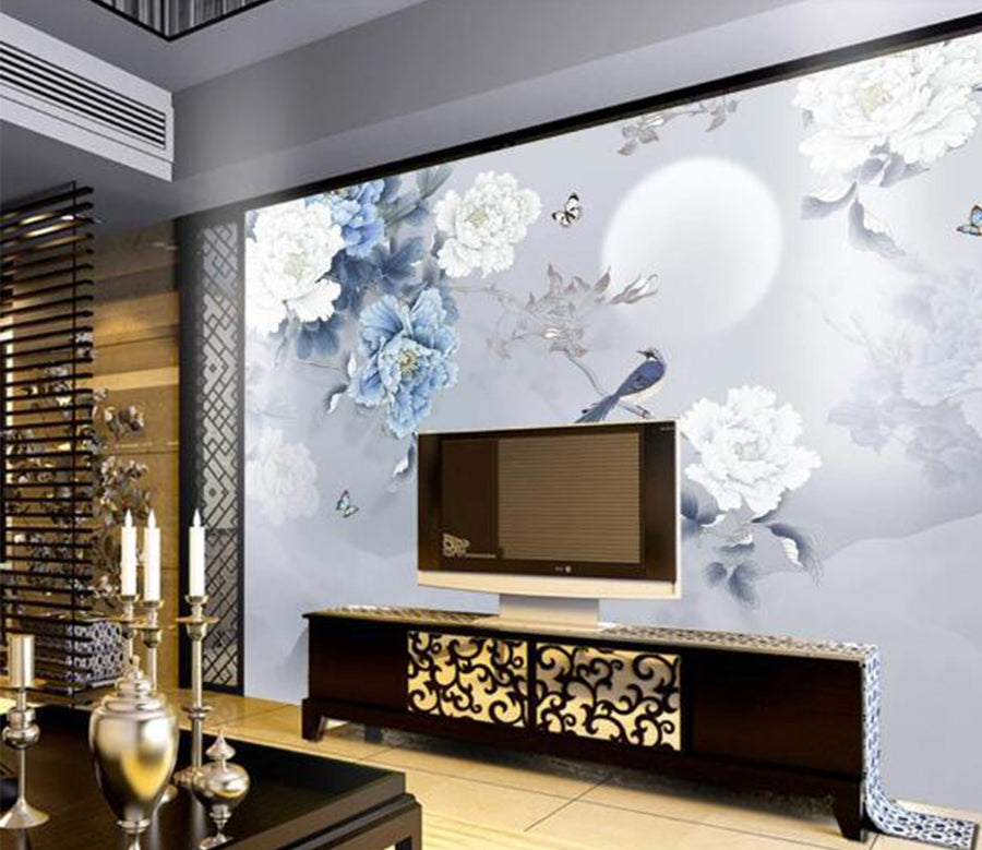 3D Moon Peony Bird WC1046 Wall Murals