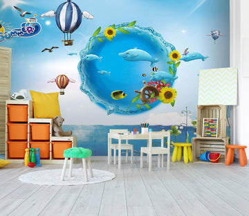 3D Dolphin Sunflower 257 Wall Murals