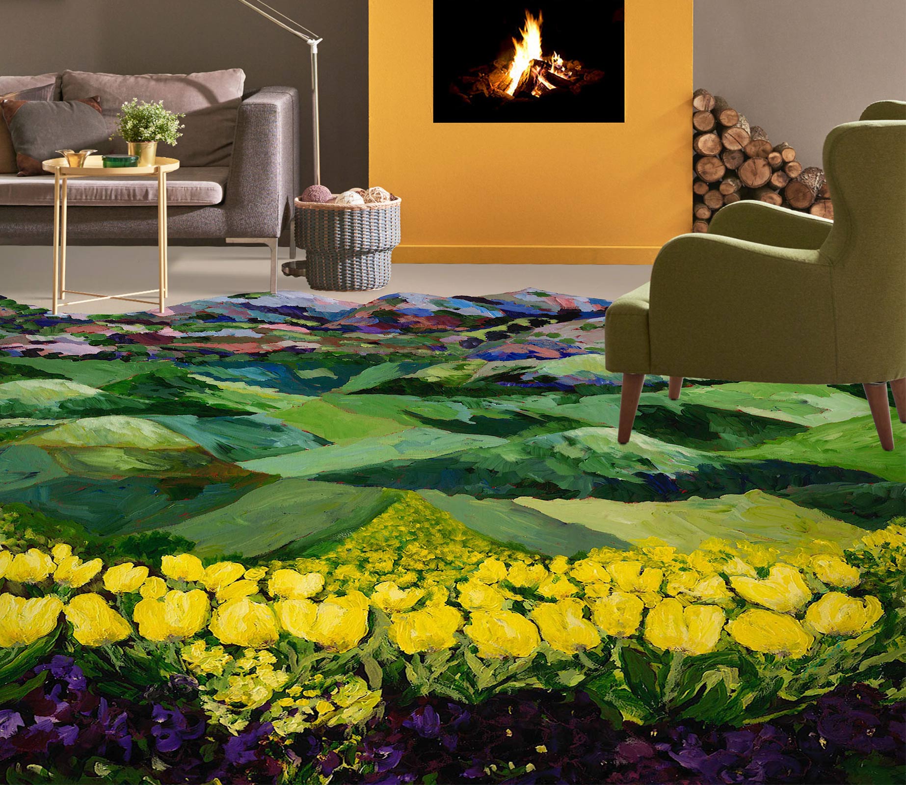 3D Green Hillside Yellow Tulips 9546 Allan P. Friedlander Floor Mural  Wallpaper Murals Self-Adhesive Removable Print Epoxy