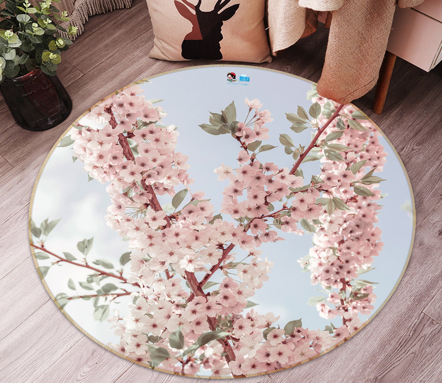 3D Pink Flower Branch 7540 Assaf Frank Rug Round Non Slip Rug Mat