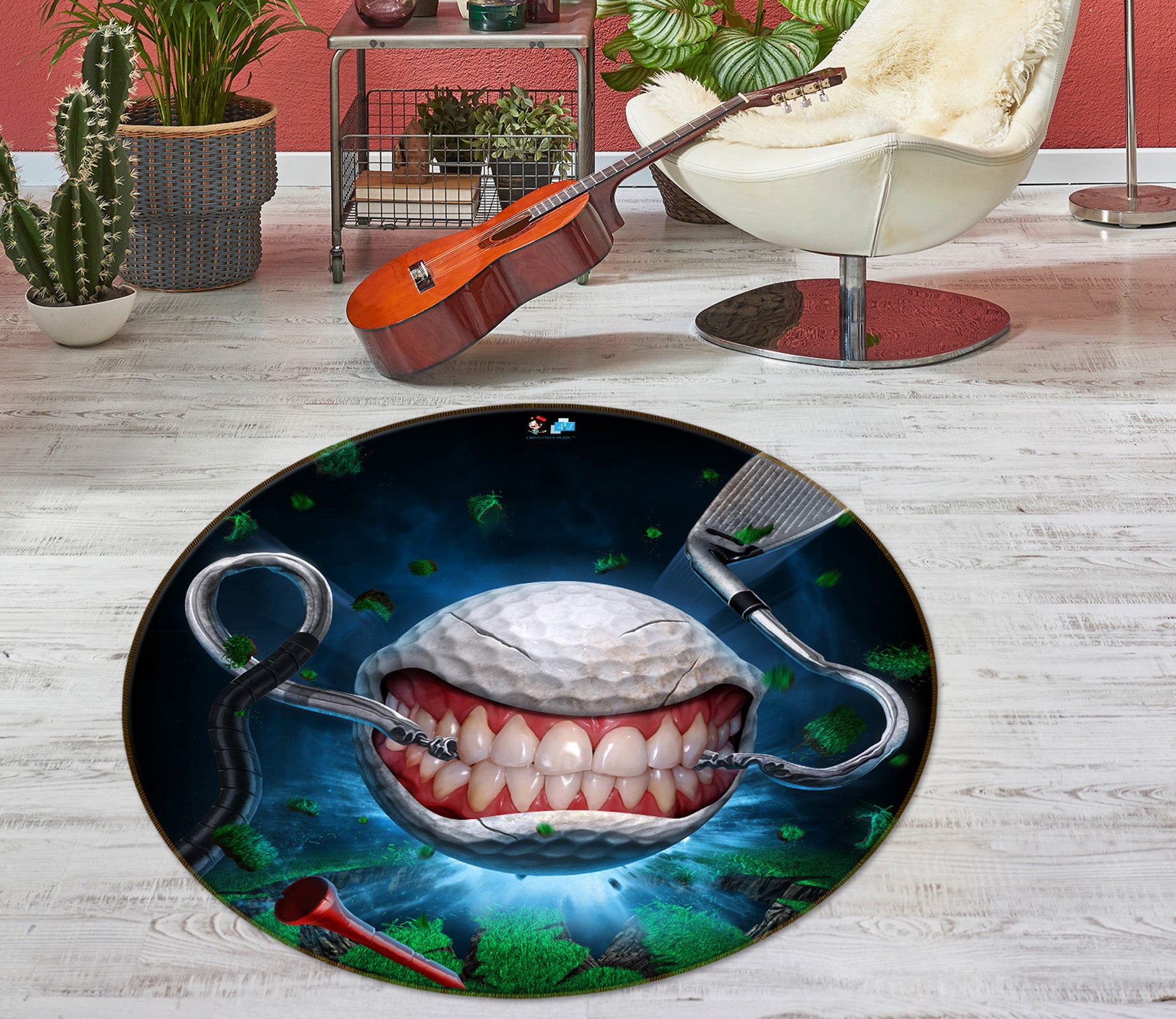 3D Teeth Golf Ball 4157 Tom Wood Rug Round Non Slip Rug Mat