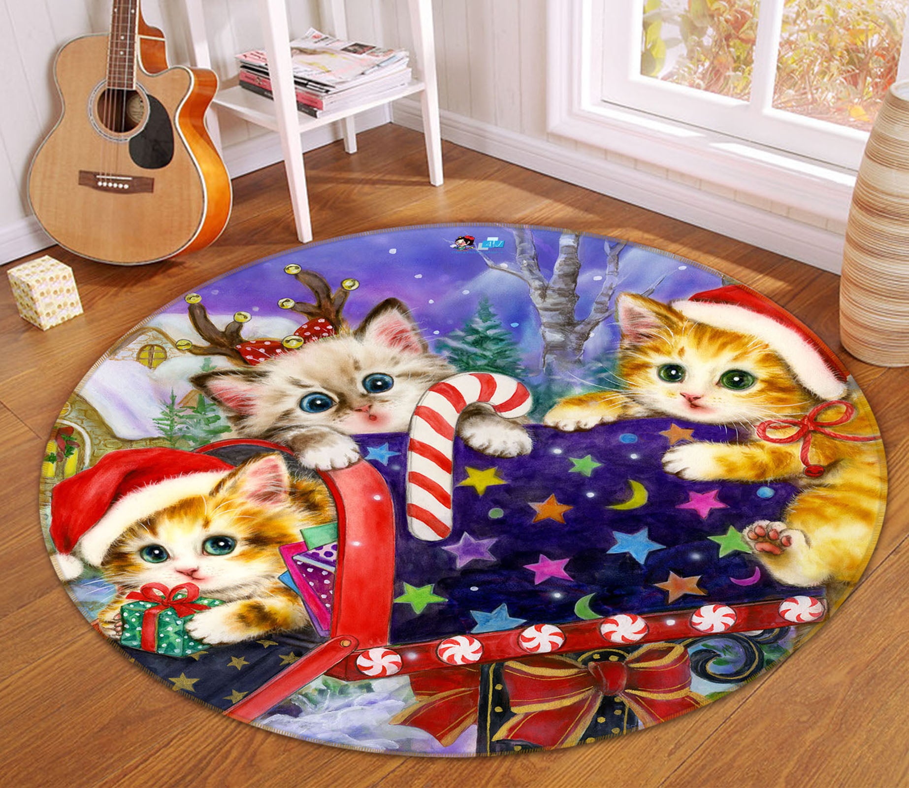 3D Christmas Cat 6019 Kayomi Harai Rug Round Non Slip Rug Mat