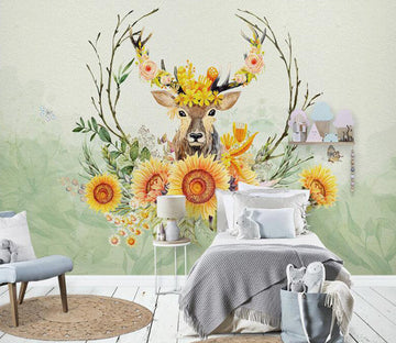 3D Deer And Sunflower 881 Wall Murals