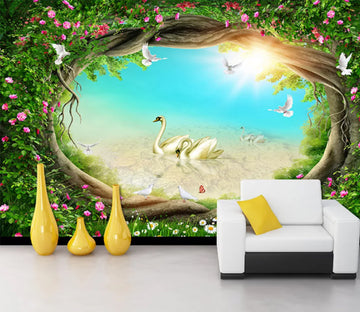 3D Tree Hole Swan WC337 Wall Murals