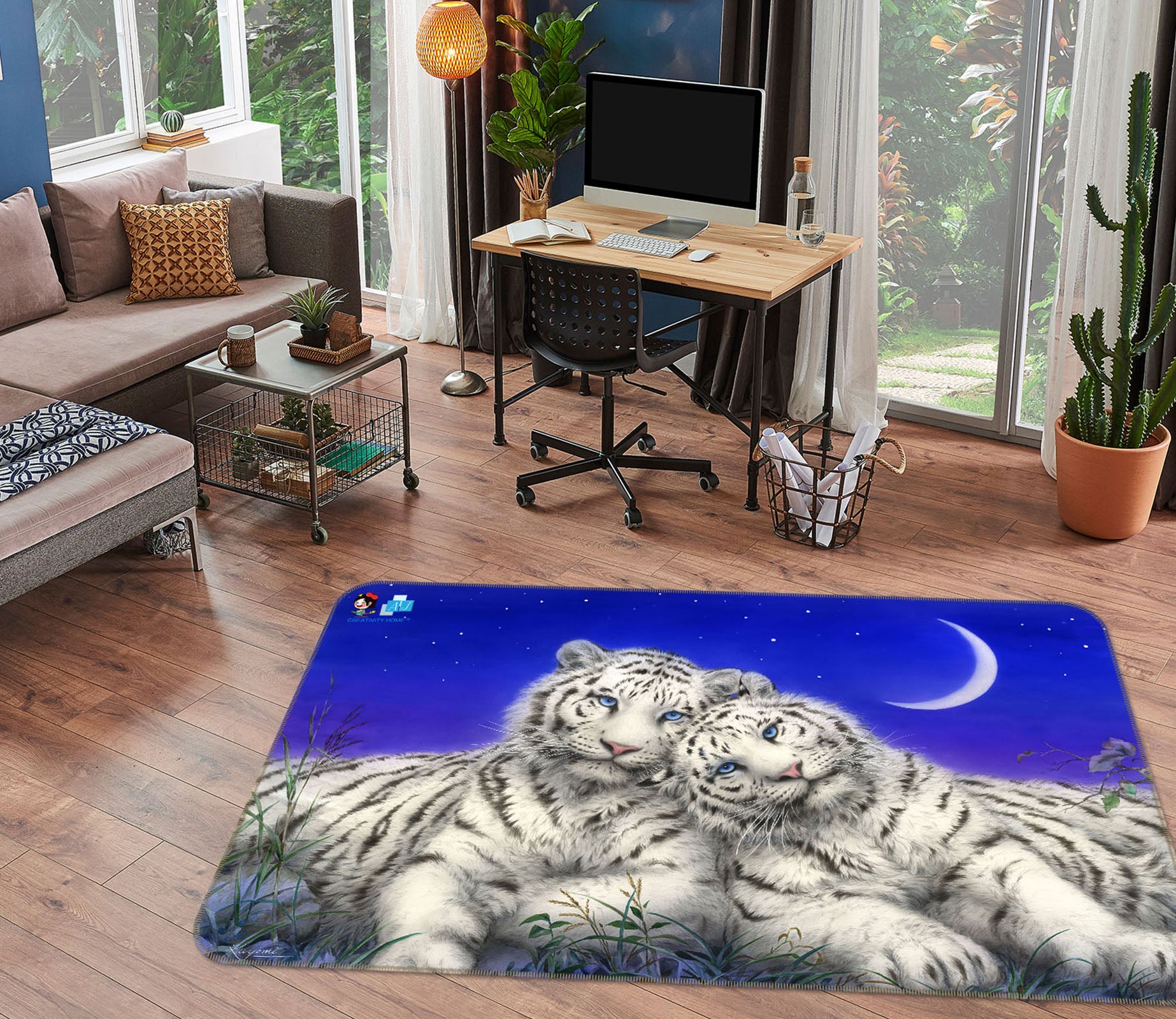 3D White Tiger Moon 5745 Kayomi Harai Rug Non Slip Rug Mat