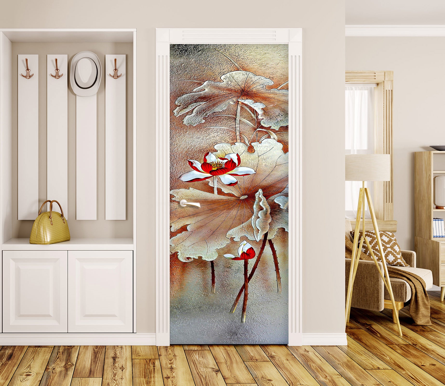 3D Red Lotus 045 Door Mural