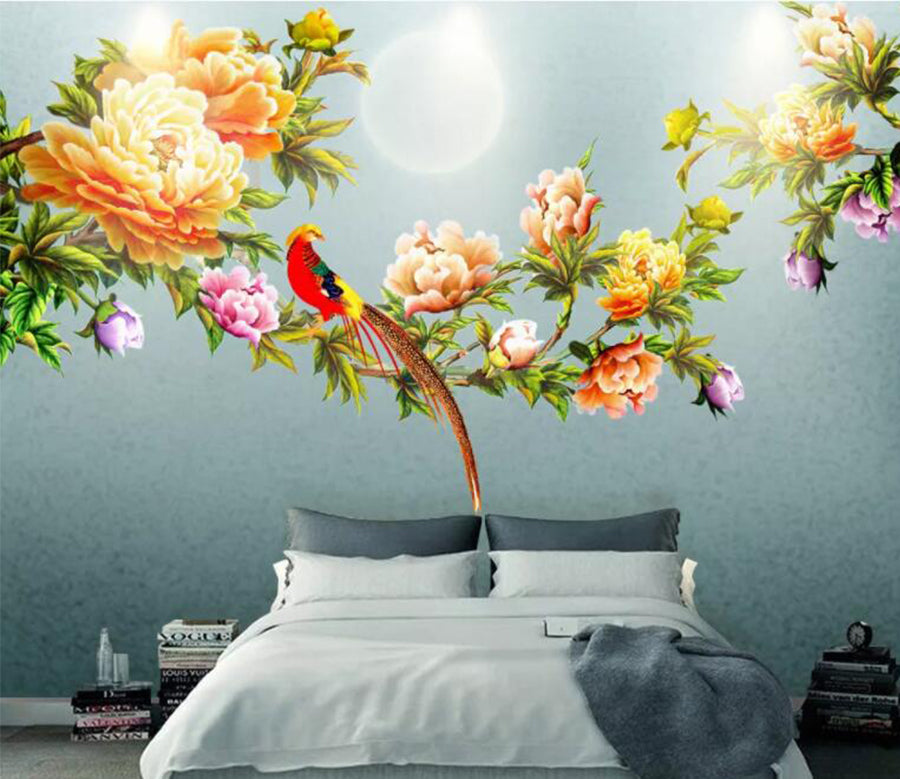 3D Parrot Peony WC901 Wall Murals