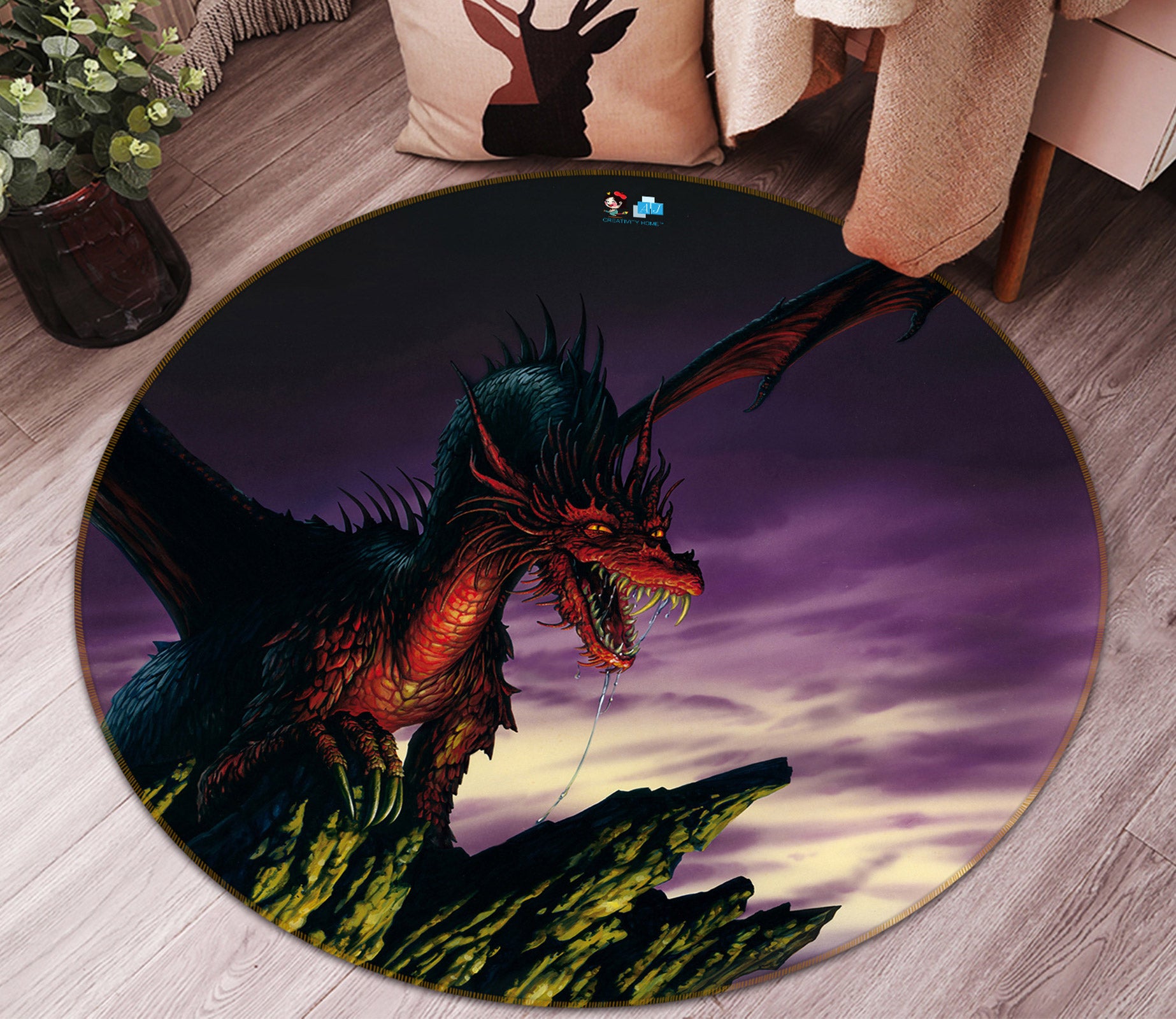 3D Red Dragon Mountain 6070 Ciruelo Rug Round Non Slip Rug Mat