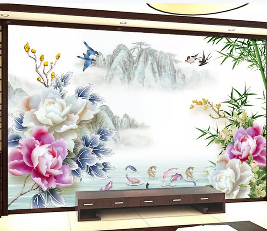 3D Peony Goldfish WC1945 Wall Murals