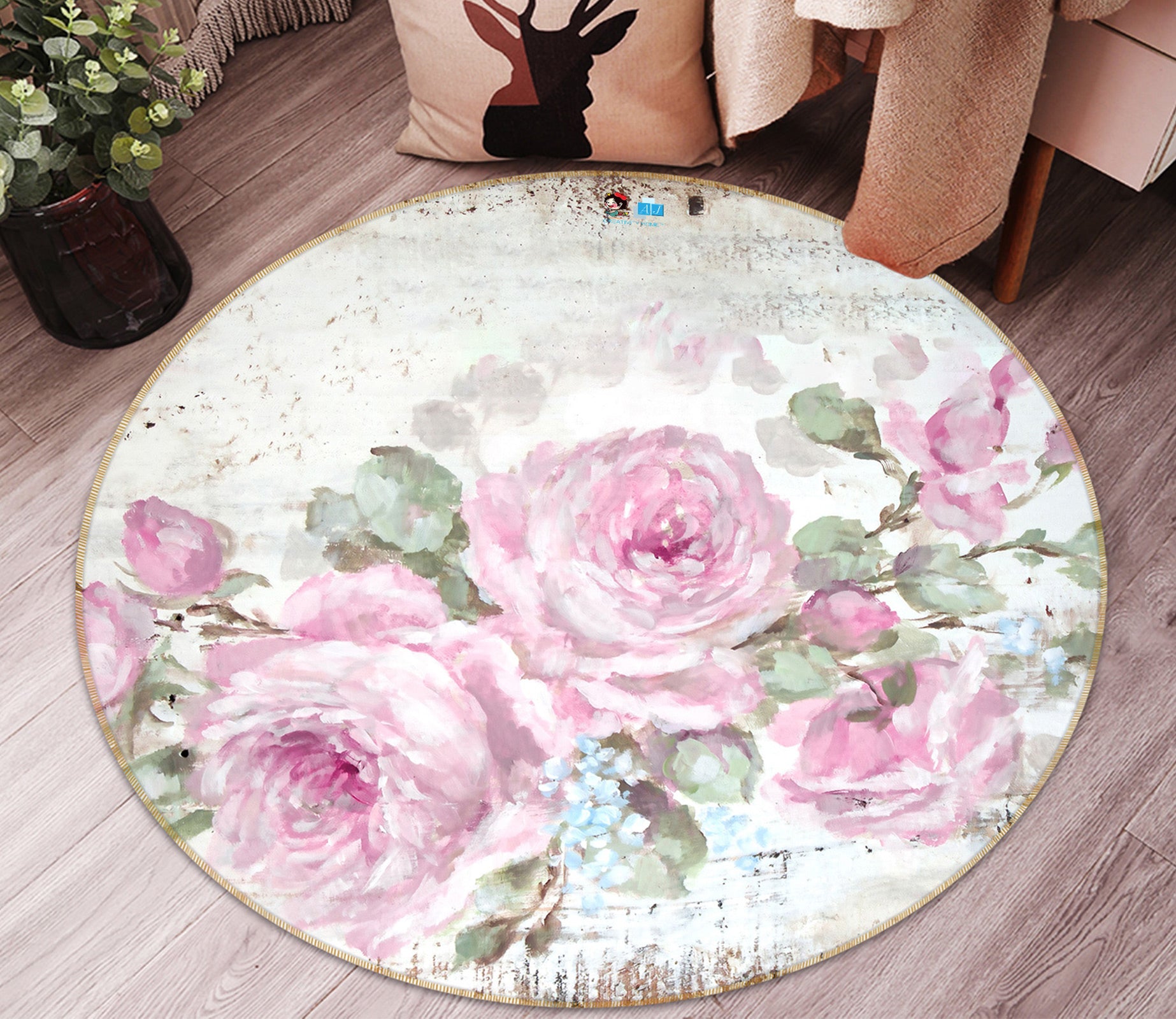 3D Flower Pink Rose 1173 Debi Coules Rug Round Non Slip Rug Mat