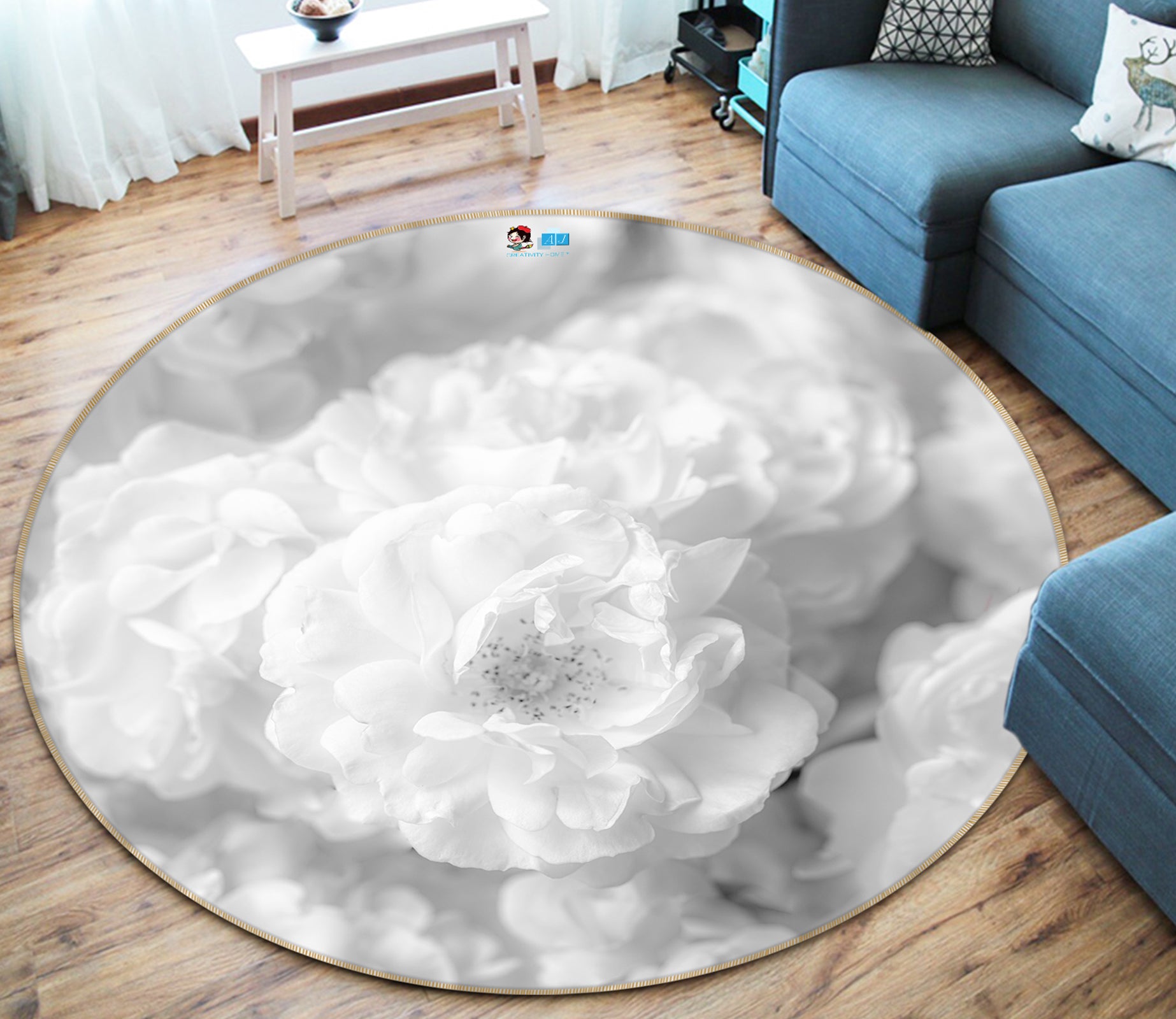 3D White Petal 7350 Assaf Frank Rug Round Non Slip Rug Mat