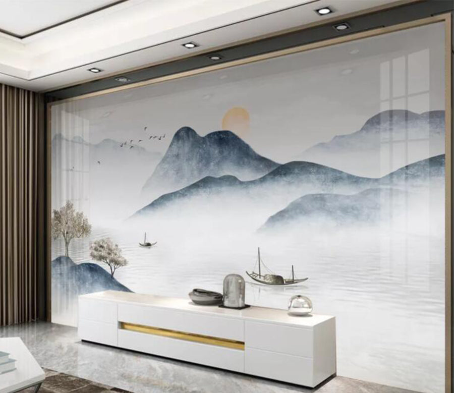 3D Lake Tree Boat WC2617 Wall Murals