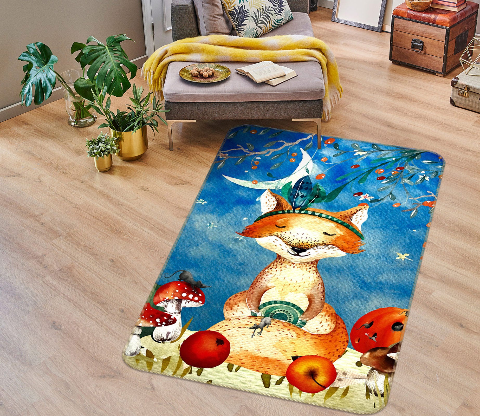 3D Moon Fox Apple 143 Uta Naumann Rug Non Slip Rug Mat