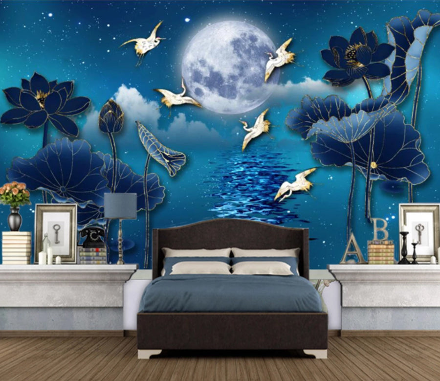 3D Moon Crane Pond WC2555 Wall Murals