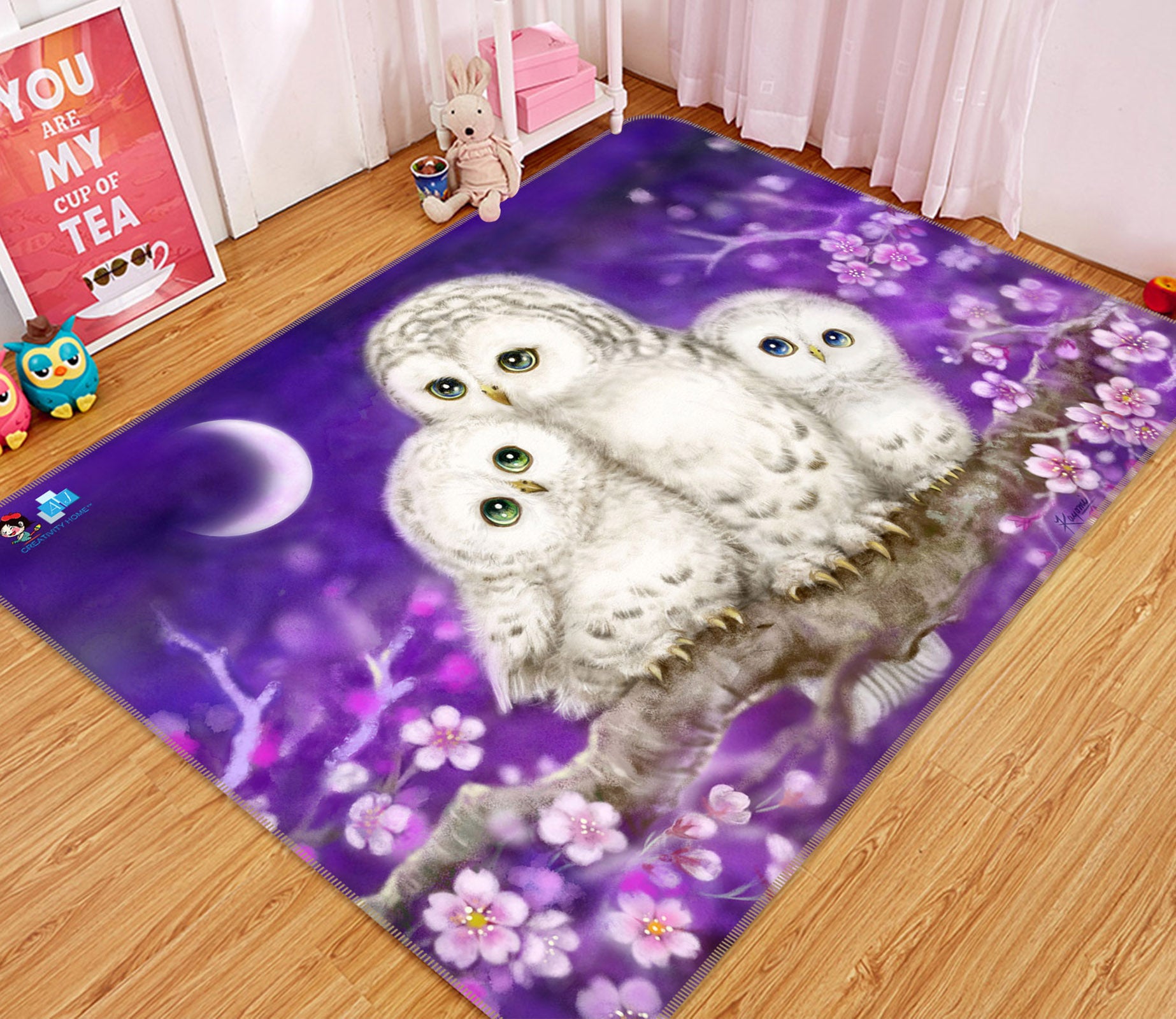 3D Owl Family 5734 Kayomi Harai Rug Non Slip Rug Mat