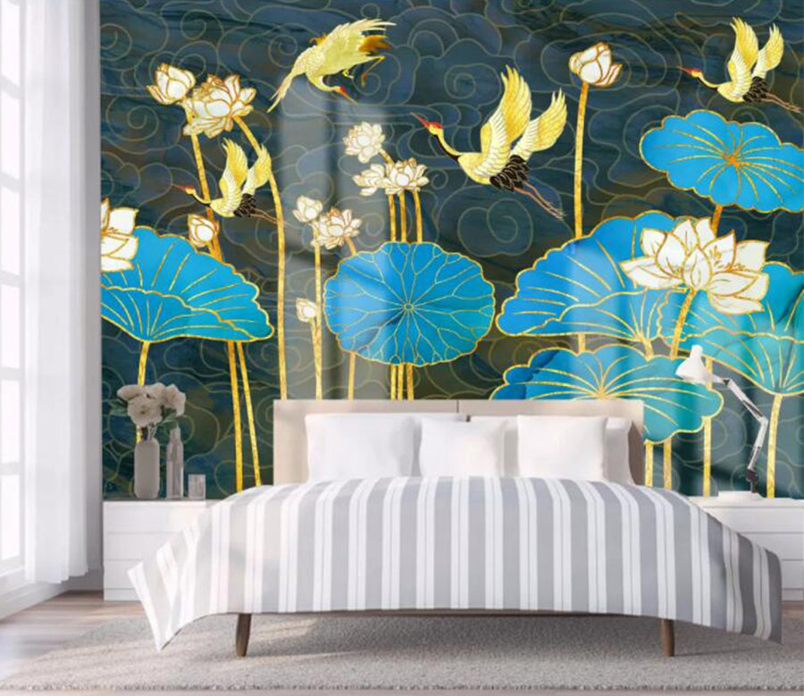 3D Lotus Leaf Crane WC2699 Wall Murals