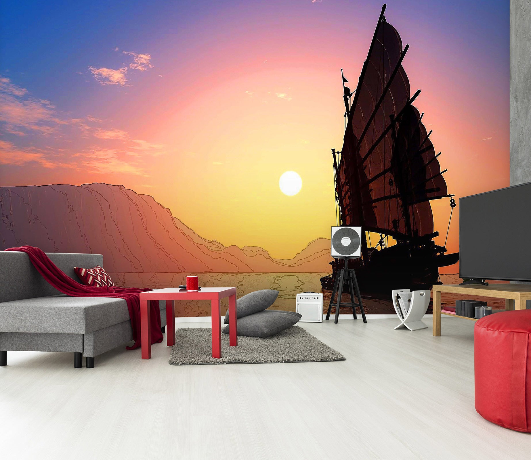 3D Sunset Sailboat Shadow 9181 Alius Herb Wall Mural Wall Murals