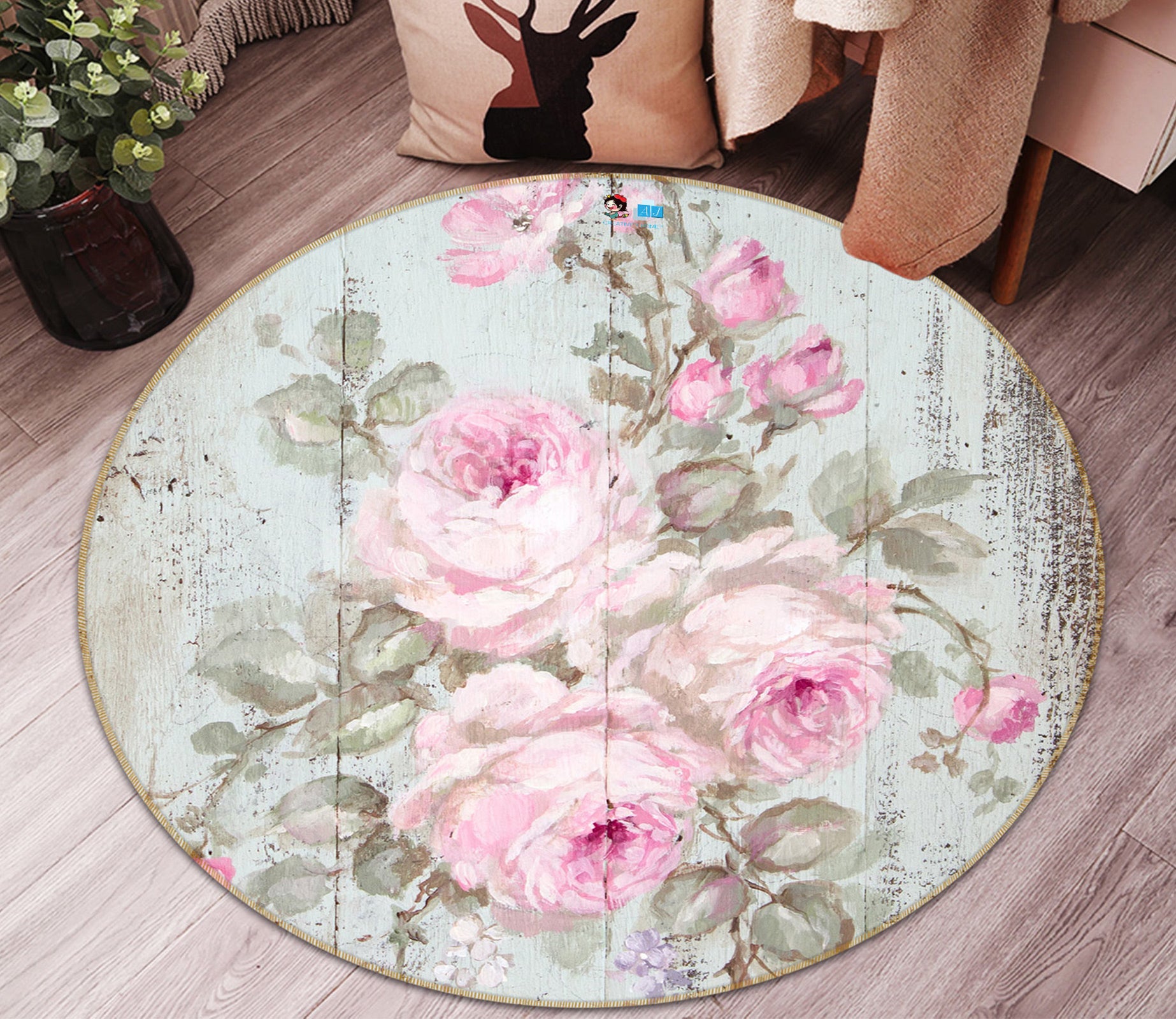 3D Flower Pink Rose 1174 Debi Coules Rug Round Non Slip Rug Mat